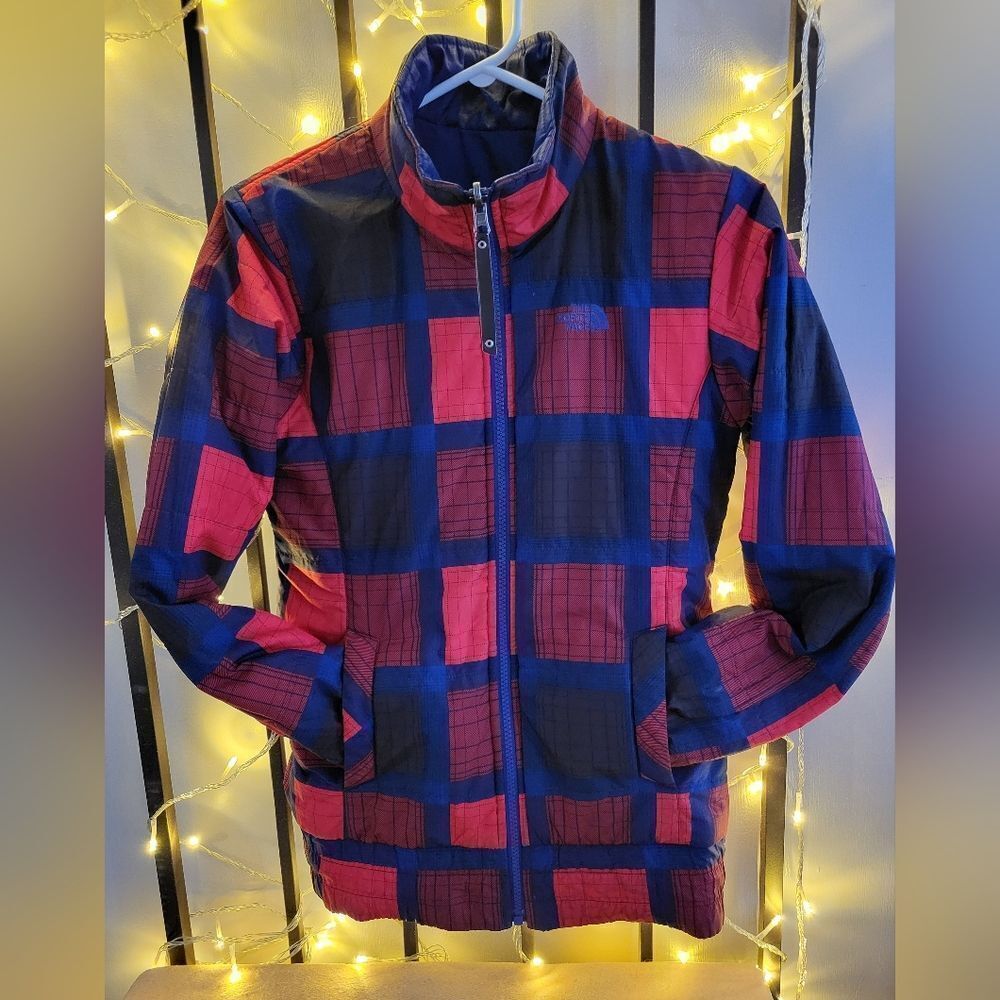The NORTH FACE Women's Small 4 In 1 Reversible Puffer Jacket, Blue / Red Plaid